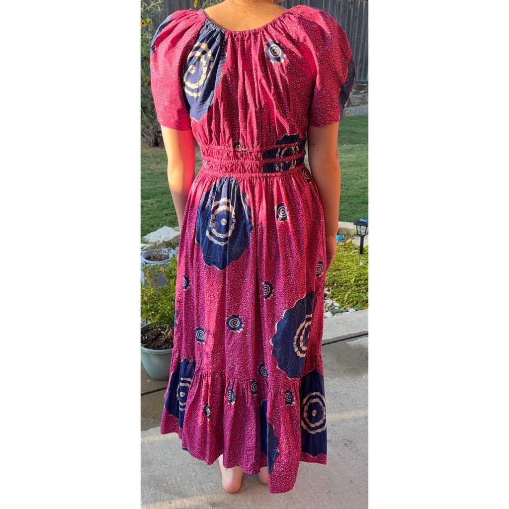Ulla Johnson Cotton Maxi Dress Pink Navy Puff Sleeve Smocked Boho Size Unmarked