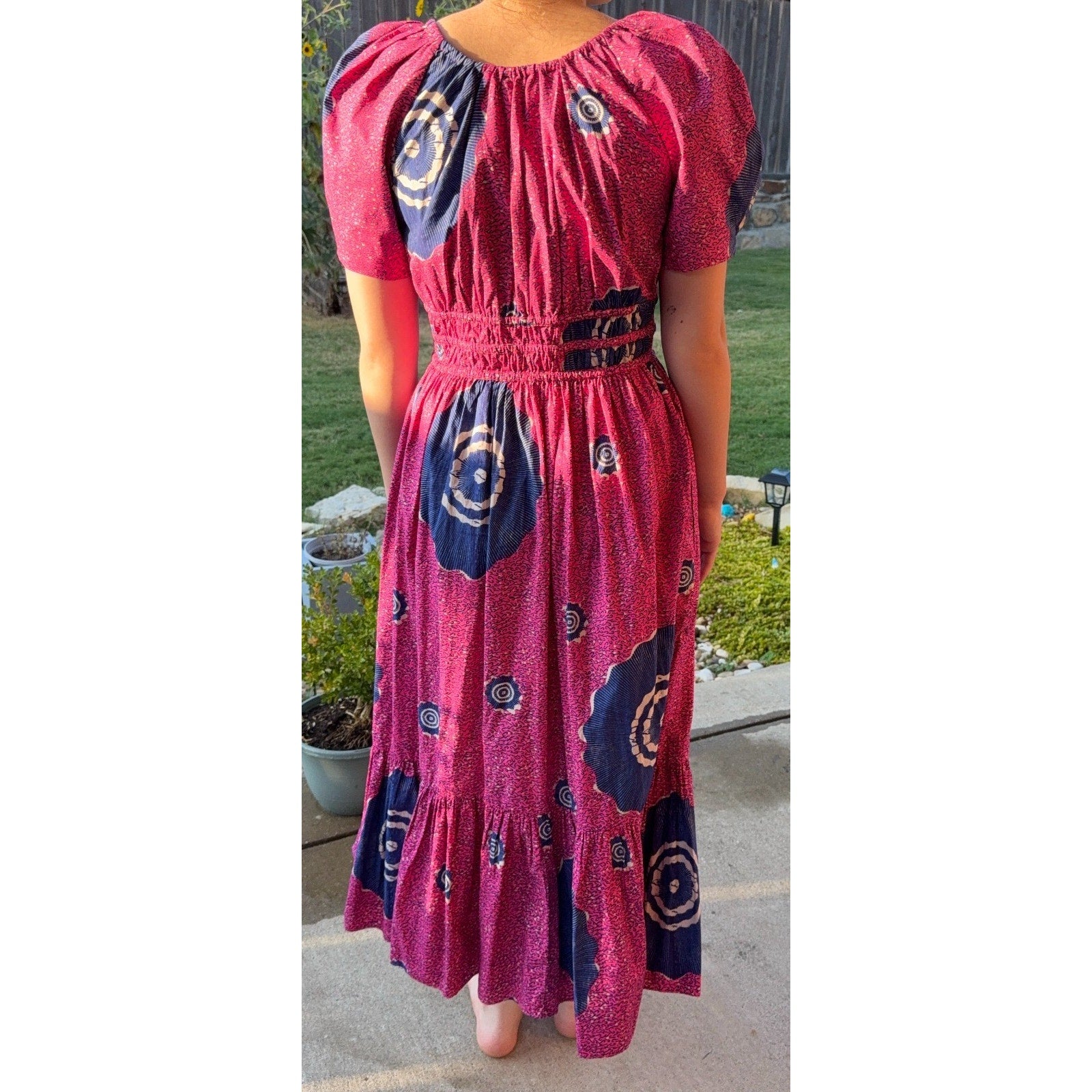Ulla Johnson Cotton Maxi Dress Pink Navy Puff Sleeve Smocked Boho Size Unmarked
