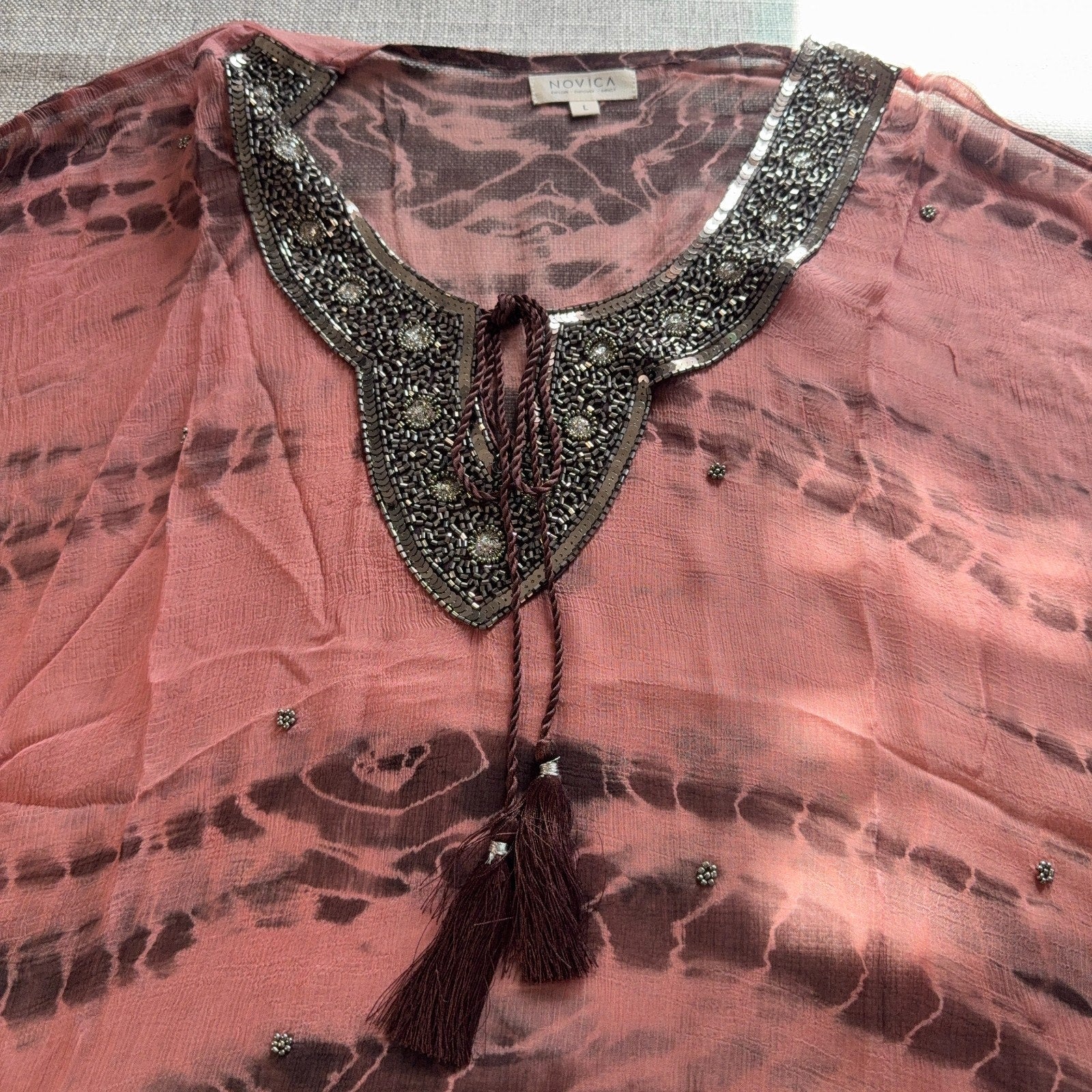 NOVICA Vijay Singh 2 Piece Beaded Sheer Kaftan Tunic Tank L NWOT Boho
