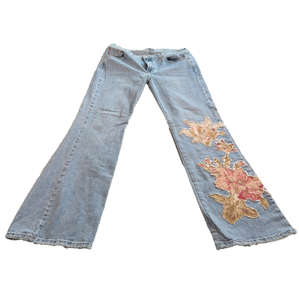 Z Cavaricci Jeans Womens 31/32 Light Wash Floral Applique Y2K Boho Flare Raw Hem