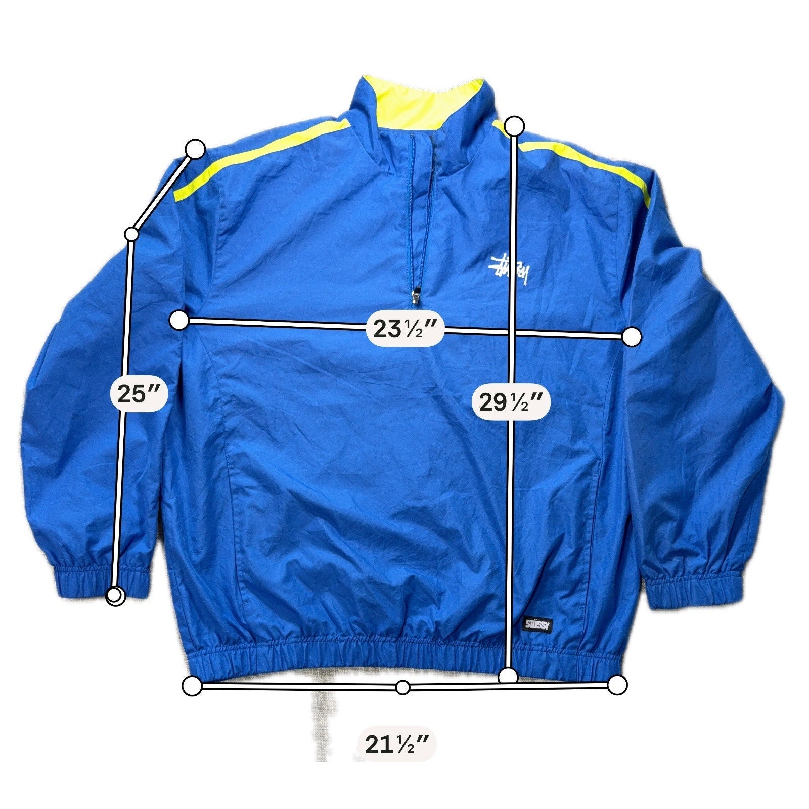 Stussy Authentic Gear Windbreaker Jacket Mens XL Blue Neon Yellow Quarter Zip