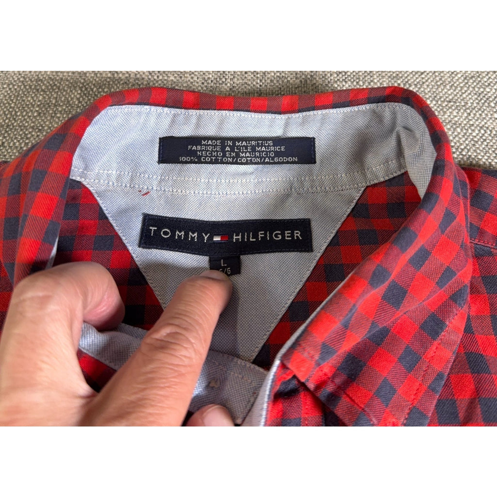 Tommy Hilfiger Shirt Mens L Red Navy Gingham Check Button Down Crest Logo