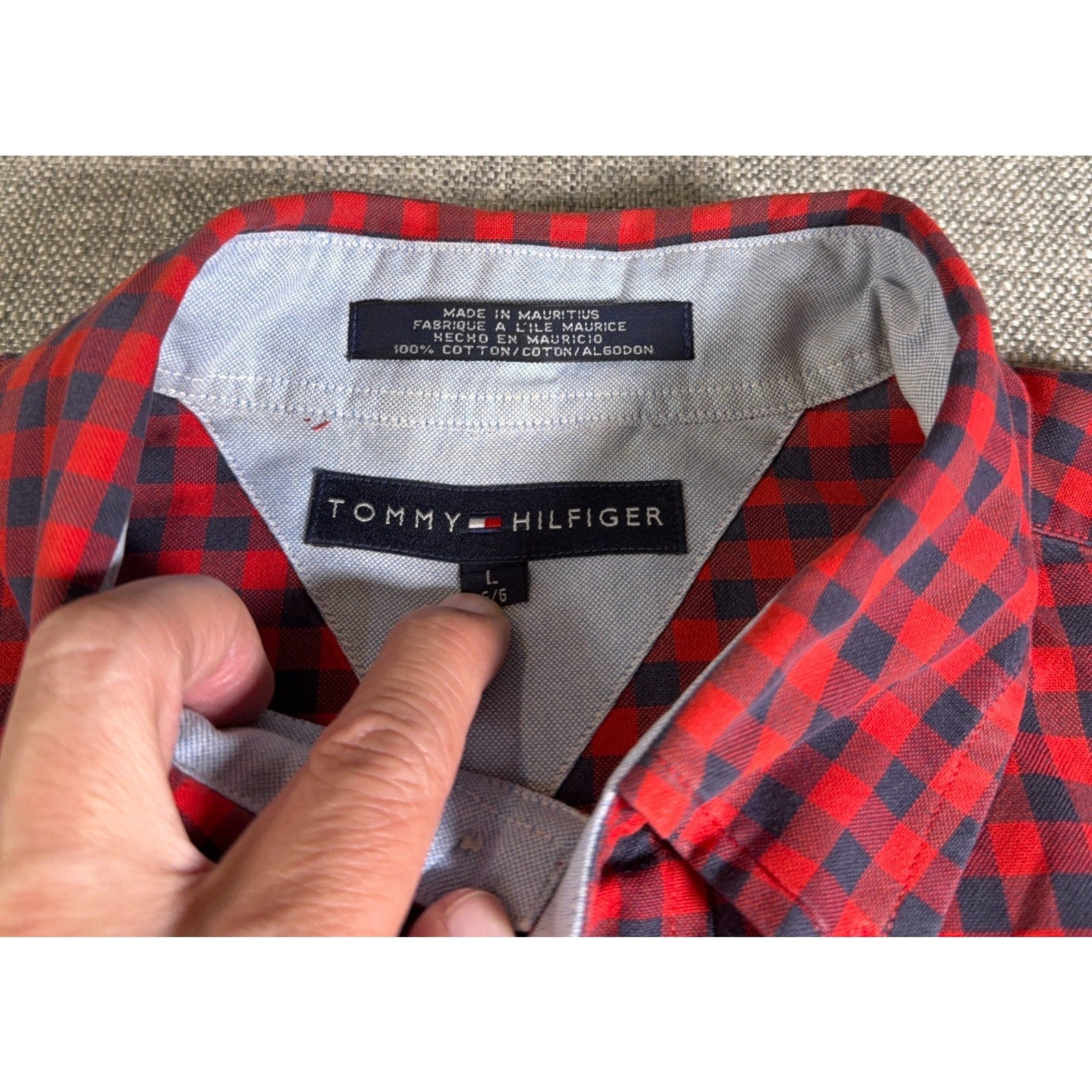Tommy Hilfiger Shirt Mens L Red Navy Gingham Check Button Down Crest Logo