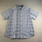 Tommy Bahama Mens Large Silk Camp Shirt Blue White Patchwork Stripe
