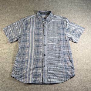 Tommy Bahama Mens Large Silk Camp Shirt Blue White Patchwork Stripe