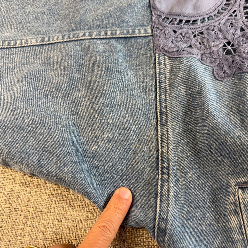 Vintage 90s Together Denim Lace Jacket Women M Batwing Acid Wash Boho Western