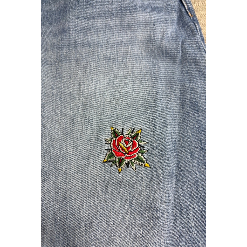 H&M Baggy Jeans Mens 34x32 Light Wash Custom Rose Embroidery Skater Y2K