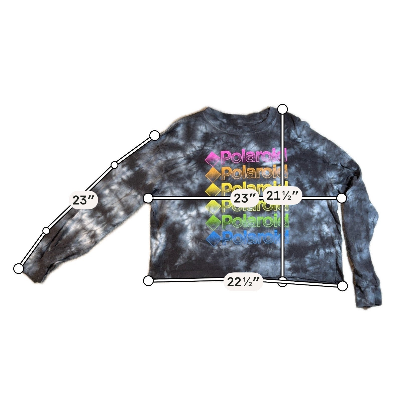 Polaroid Shirt Women XXL Black Tie Dye Cropped Long Sleeve Rainbow Graphic