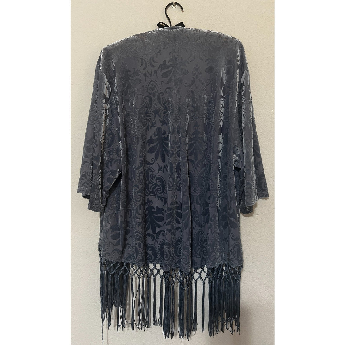 Torrid 00/0 Gray Velvet Burnout Fringe Kimono Duster Boho Made USA