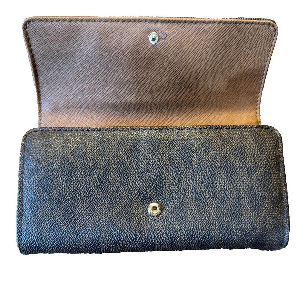 Michael Kors Brown MK Logo Snap Wallet Bifold Continental Zip Pocket Preowned