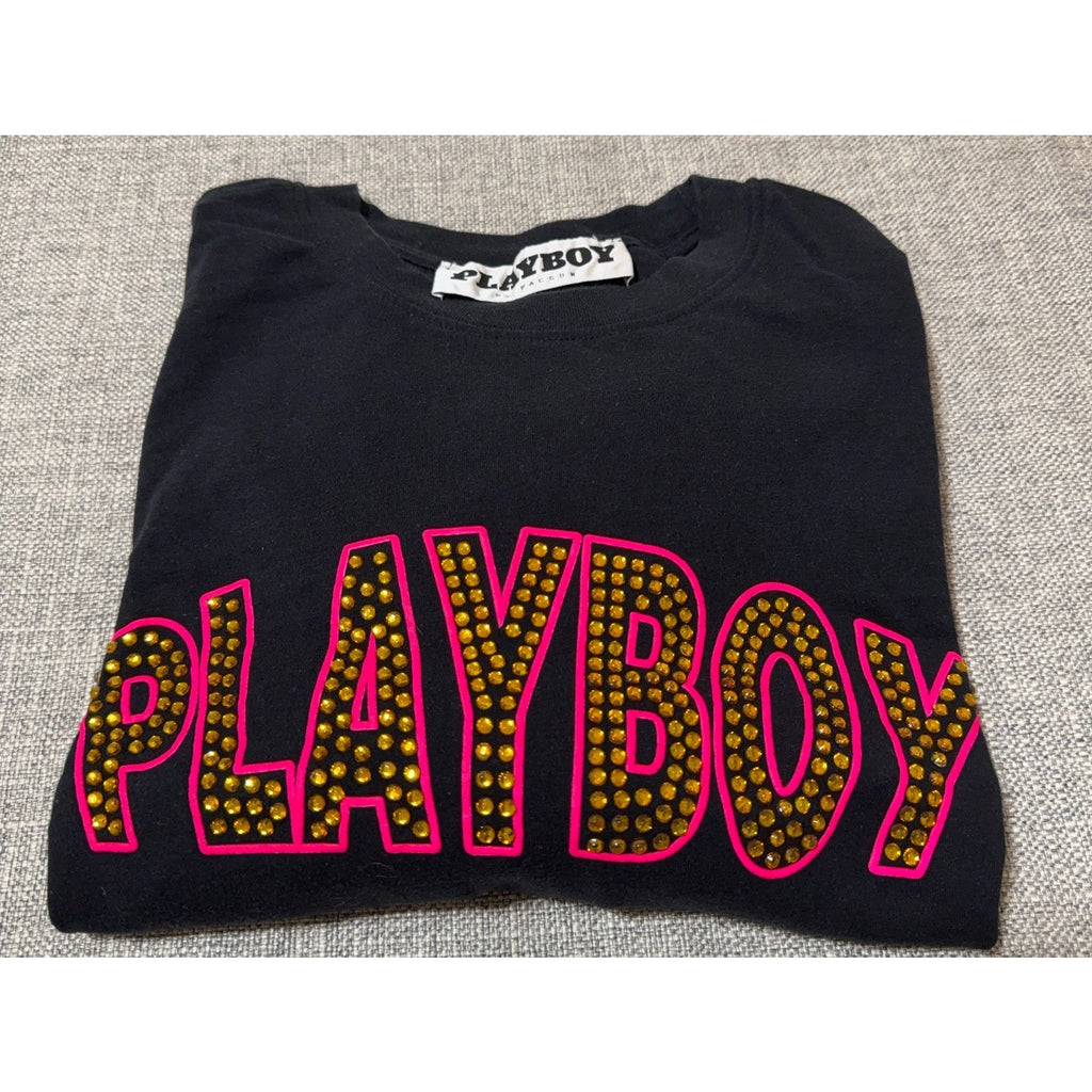 Playboy PacSun Rhinestone Studded Logo Black T-Shirt Adult 21x27 Y2K Bling
