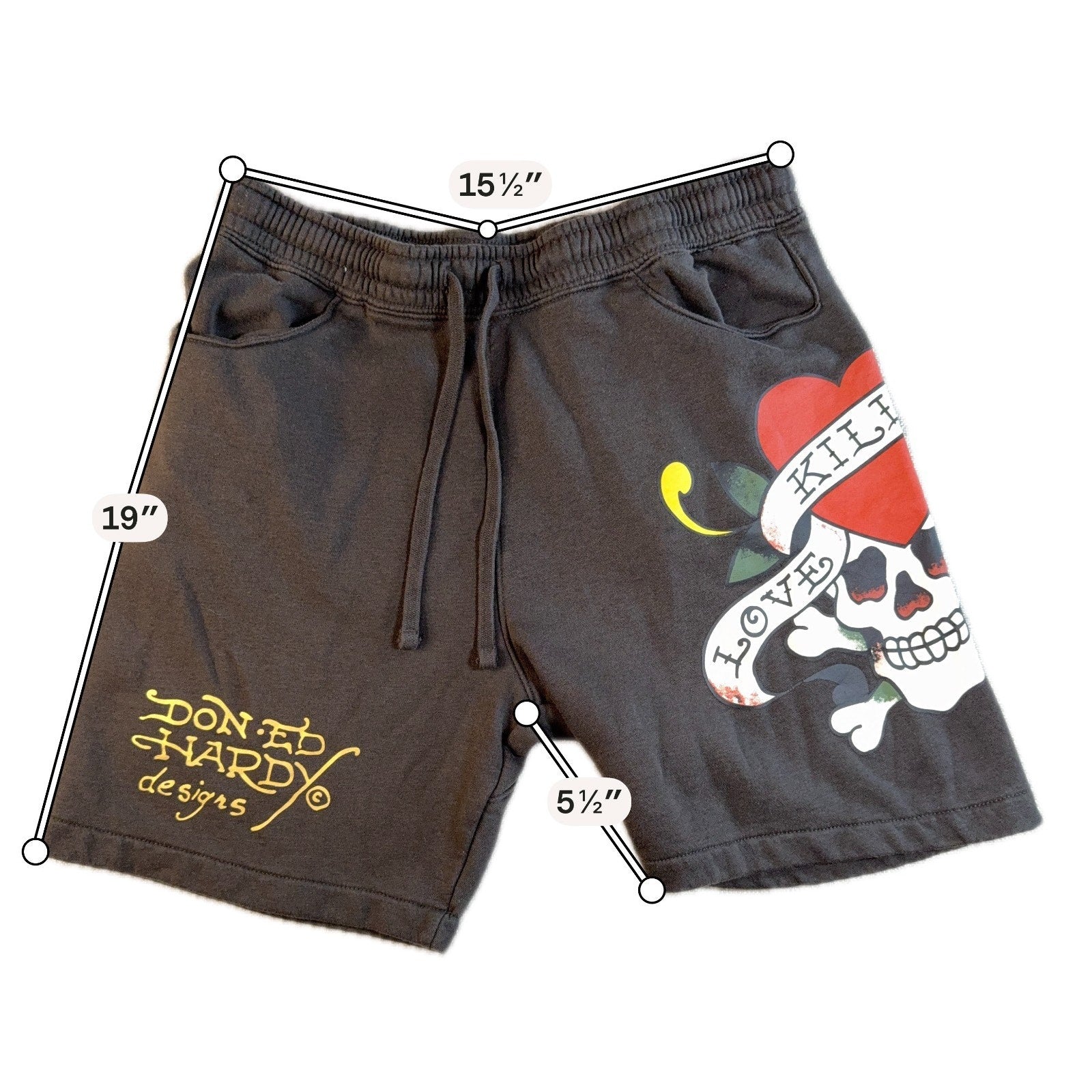 Ed Hardy Shorts Mens Medium Brown Graphic Sweat Shorts Kills Love Slowly Skull