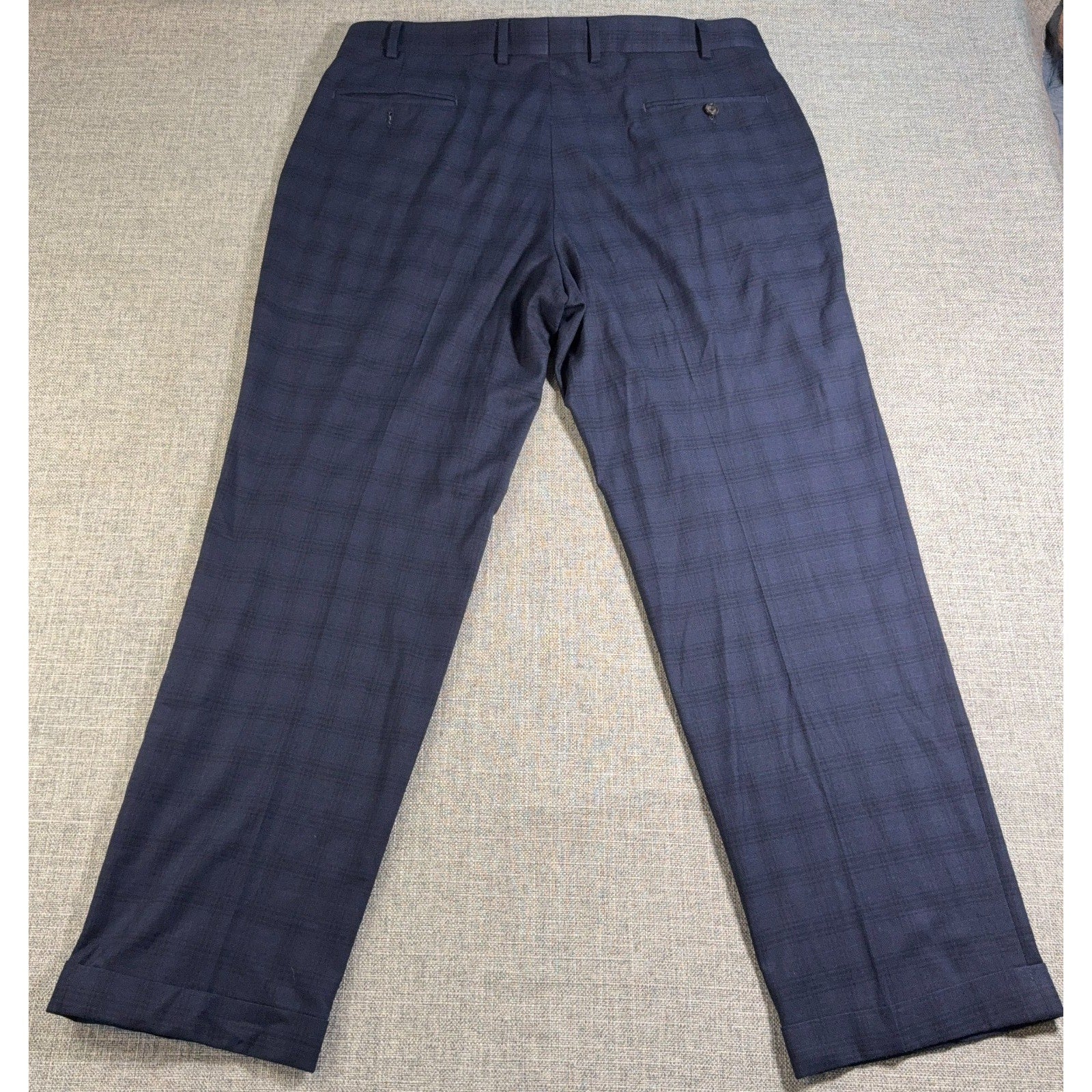 Ralph Lauren Mens Dress Pants 36x30 Navy Plaid Pleated Cuffed Stretch