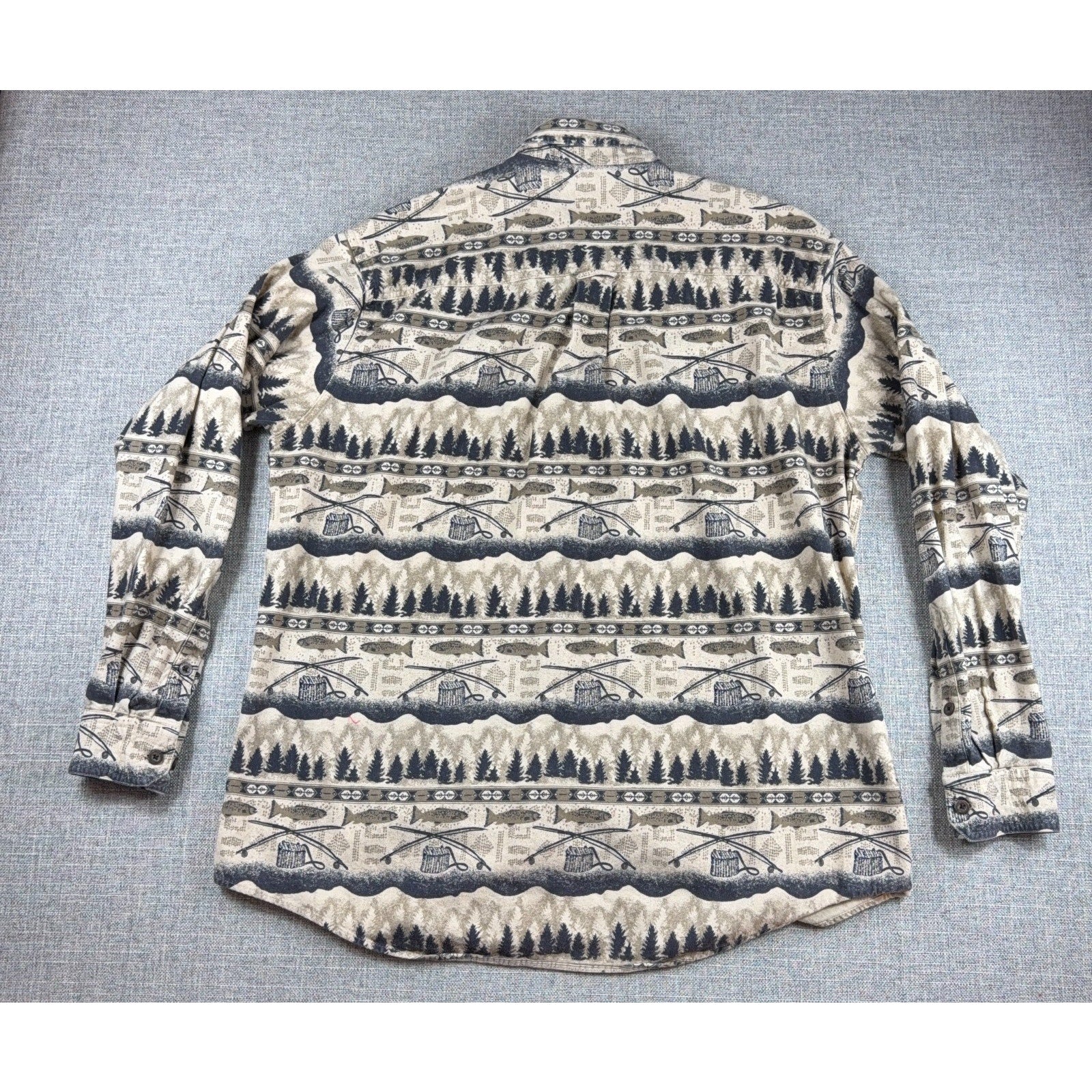 Woolrich Mens XL Fishing Shirt Fish Rods Trees Outdoor Print Button Down