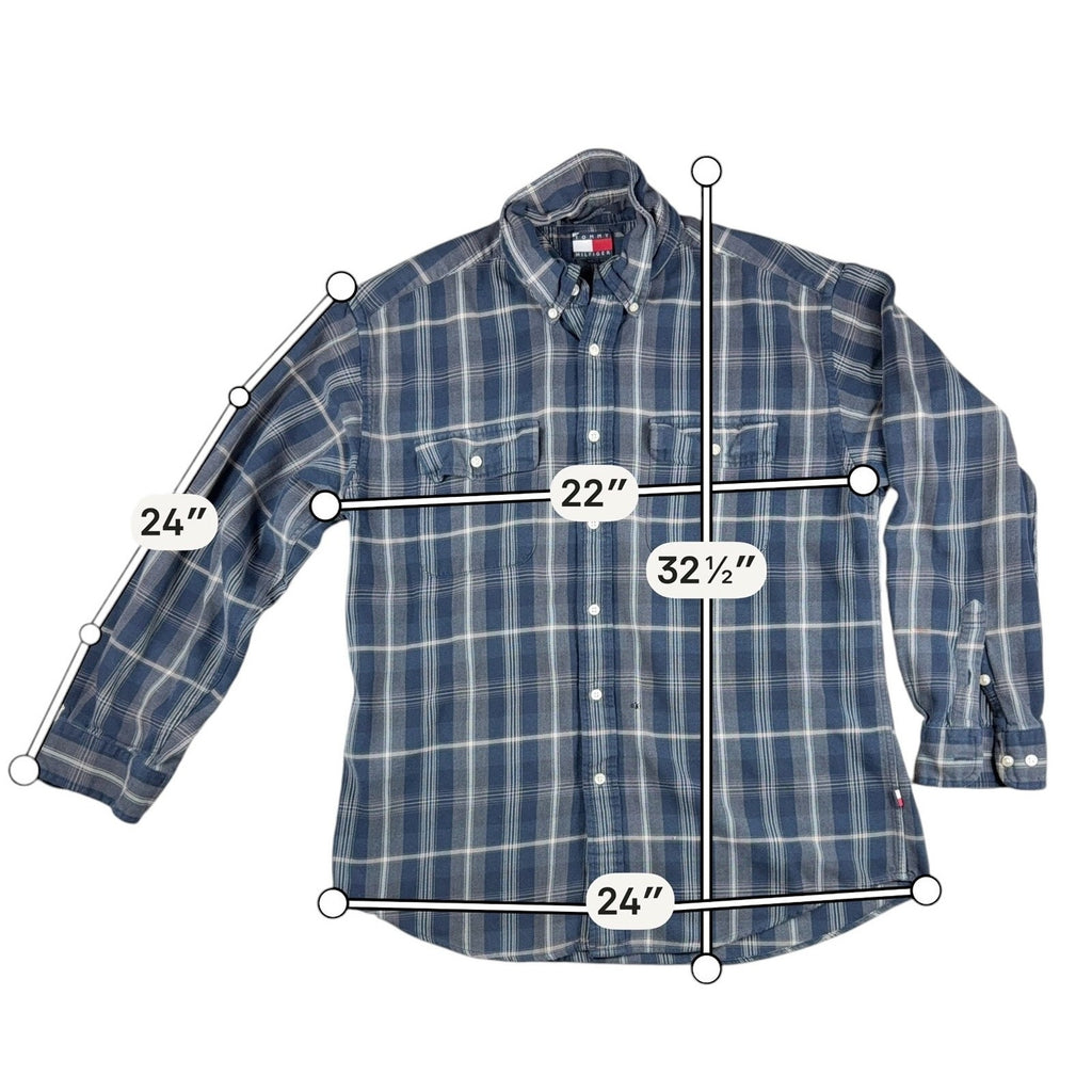 Vintage Tommy Hilfiger Plaid Button Down Shirt Mens L Blue Gray 90s Y2K Flag