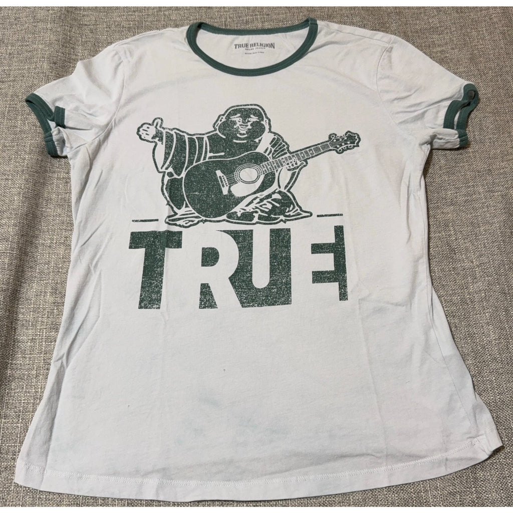 True Religion Buddha Guitar Ringer T-Shirt Women’s M White Green Y2K Flawed