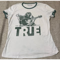 True Religion Buddha Guitar Ringer T-Shirt Women’s M White Green Y2K Flawed