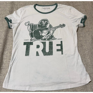 True Religion Buddha Guitar Ringer T-Shirt Women’s M White Green Y2K Flawed