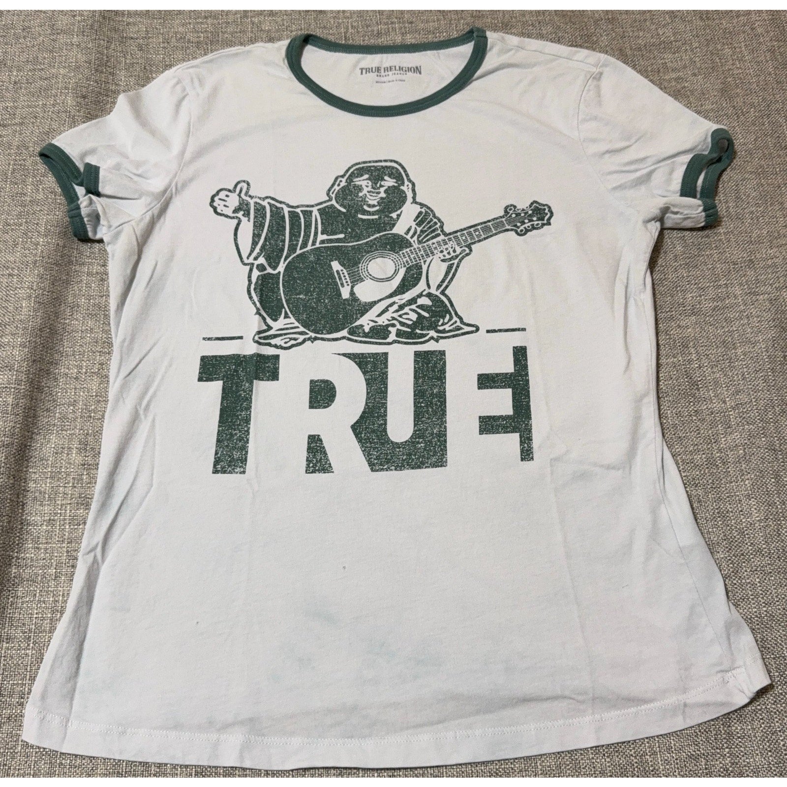 True Religion Buddha Guitar Ringer T-Shirt Women’s M White Green Y2K Flawed