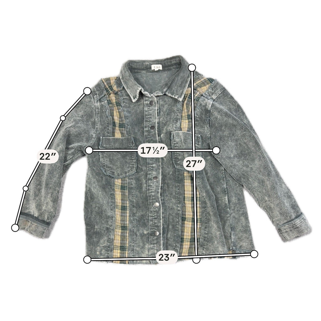 Second Half Supply Co, LLC gray-green corduroy plaid patchwork shacket with measurement overlays for sizing reference