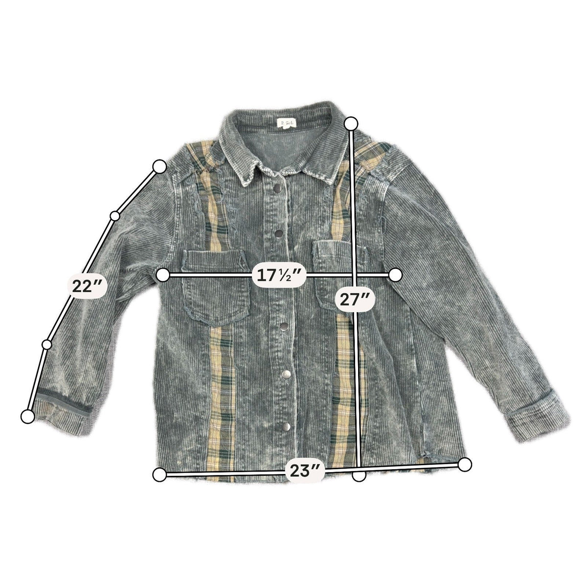 Second Half Supply Co, LLC gray-green corduroy plaid patchwork shacket with measurement overlays for sizing reference