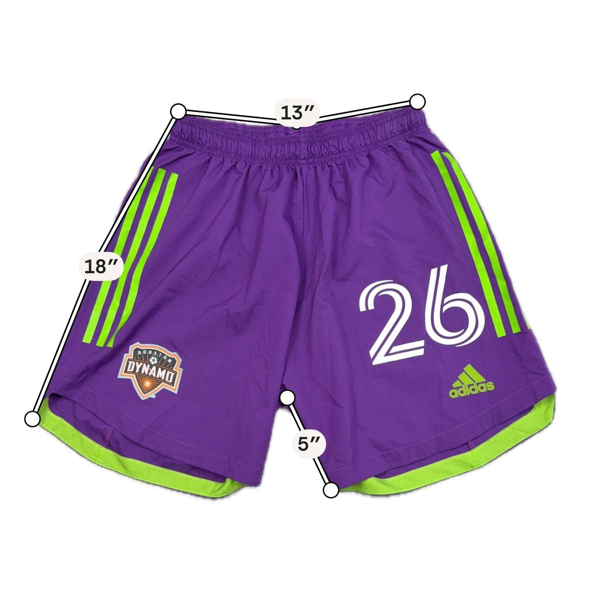Second Half Supply Co, LLC purple and neon green Houston Dynamo soccer shorts with number 26 and Adidas branding.