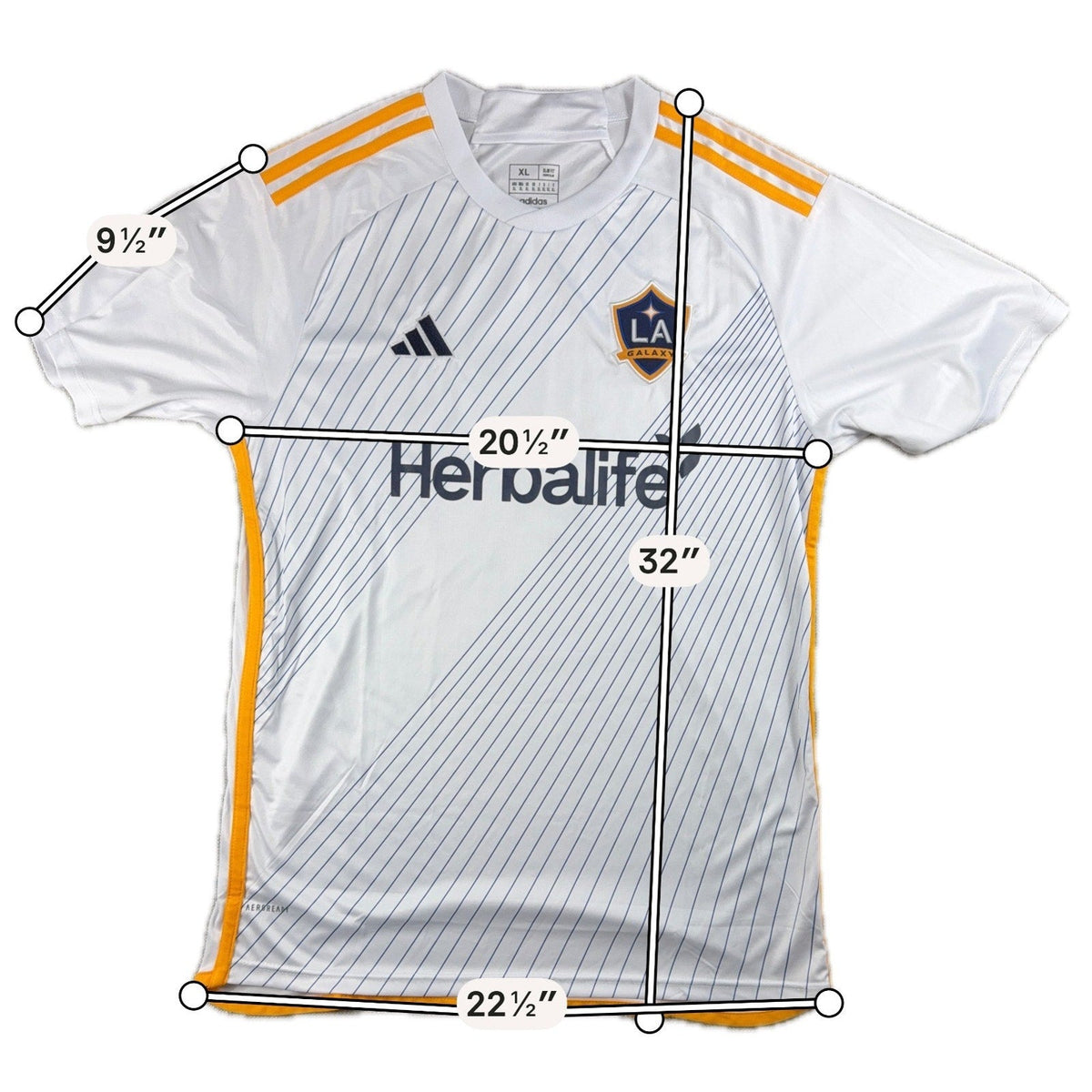 Second Half Supply Co, LLC white LA Galaxy 2024-25 soccer jersey with gold stripes and measurements overlaid