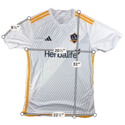 Second Half Supply Co, LLC white LA Galaxy 2024-25 soccer jersey with gold stripes and measurements overlaid