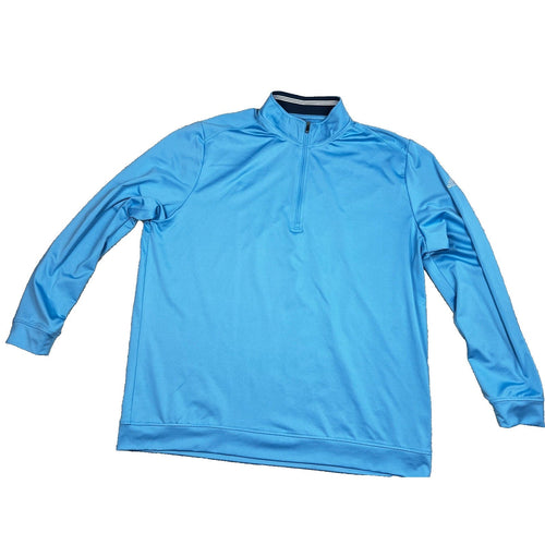 Second Half Supply Co, LLC men's sky blue Adidas performance quarter-zip pullover with a stand collar and sleeve logo.
