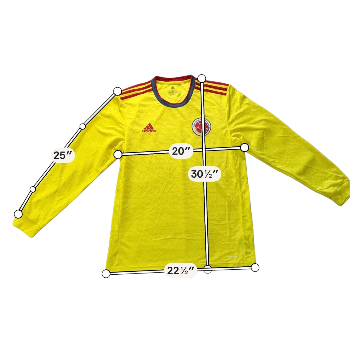 Second Half Supply Co, LLC Adidas Colombia 2020/21 long sleeve home soccer jersey in yellow with red and navy accents