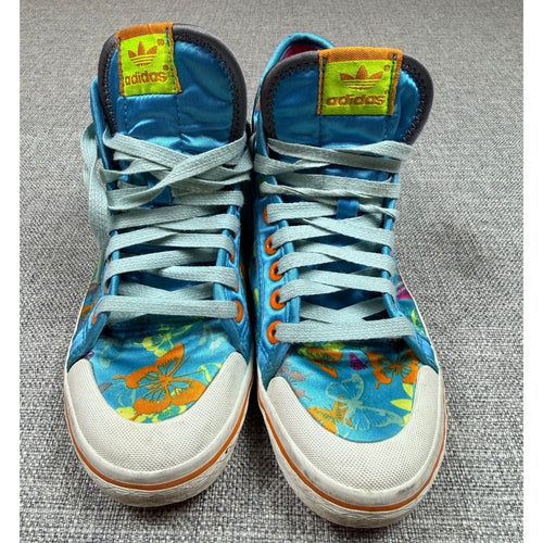 Second Half Supply Co, LLC 2008 adidas Originals high-top sneakers in turquoise satin with floral butterfly print