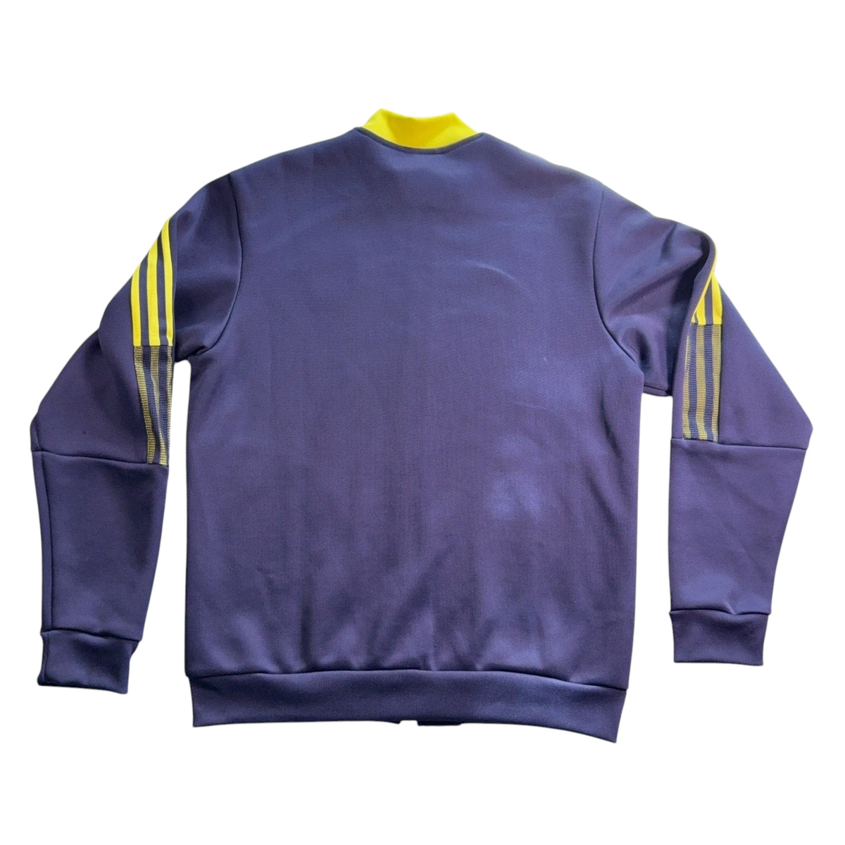 Back view of Second Half Supply Co, LLC Adidas Nashville SC navy and yellow anthem soccer jacket with 3-stripe sleeves