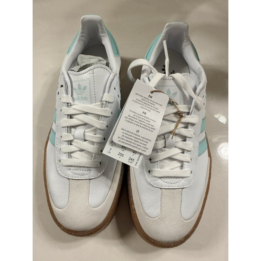 Second Half Supply Co, LLC Adidas Sambae J white and aqua platform sneakers with suede toe and gum sole