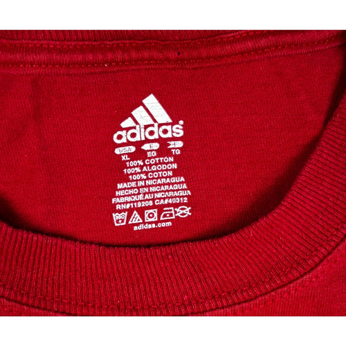 Second Half Supply Co, LLC red Adidas cotton t-shirt interior neck label with size XL and care instructions