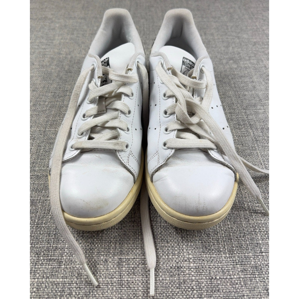 Second Half Supply Co, LLC adidas Stan Smith white leather sneakers with zebra print heel tabs and yellowed midsoles