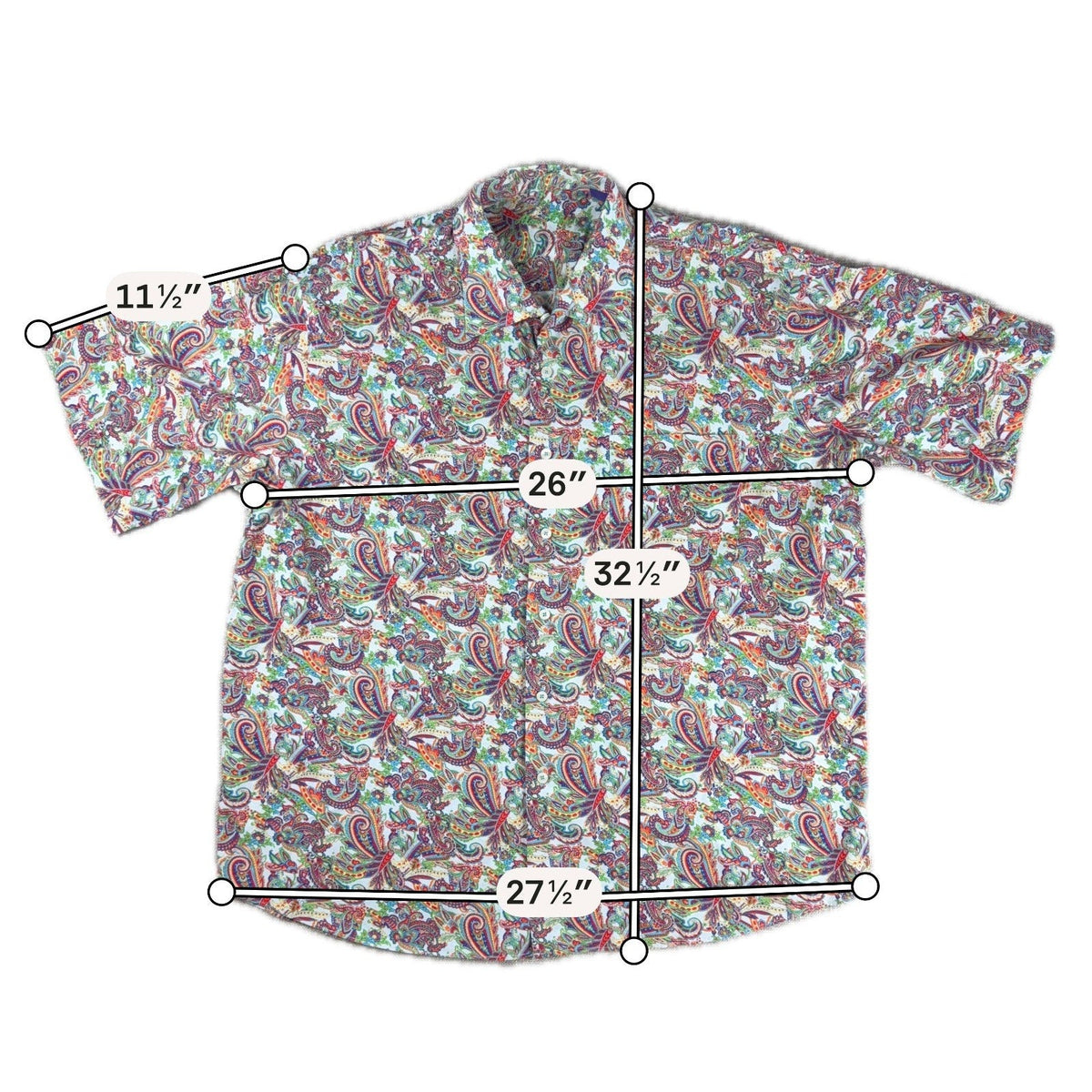 Second Half Supply Co, LLC Alan Flusser multicolor paisley cotton short sleeve button-down shirt with measurements.