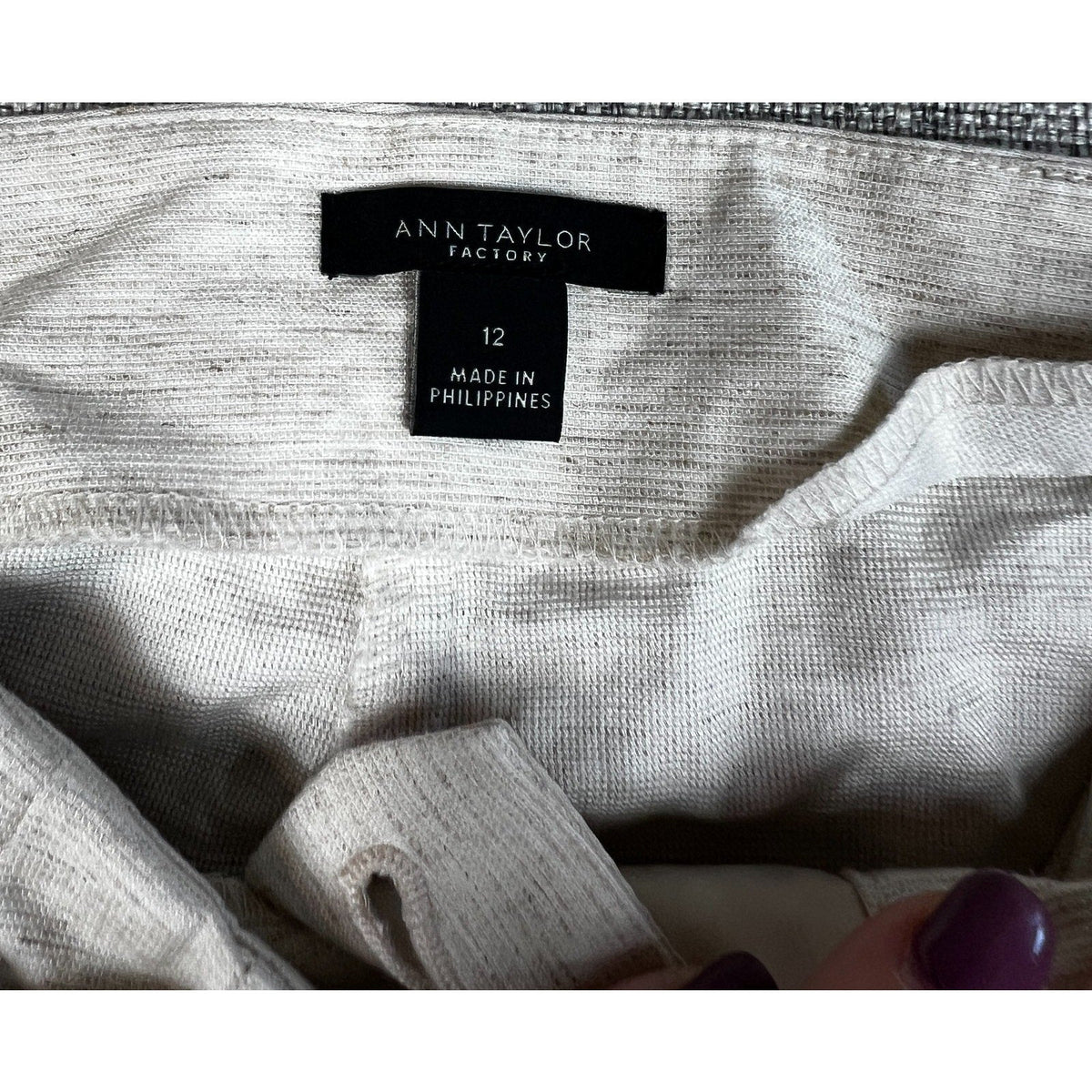 Second Half Supply Co, LLC Ann Taylor Factory size 12 clothing label on heathered gray linen blend fabric