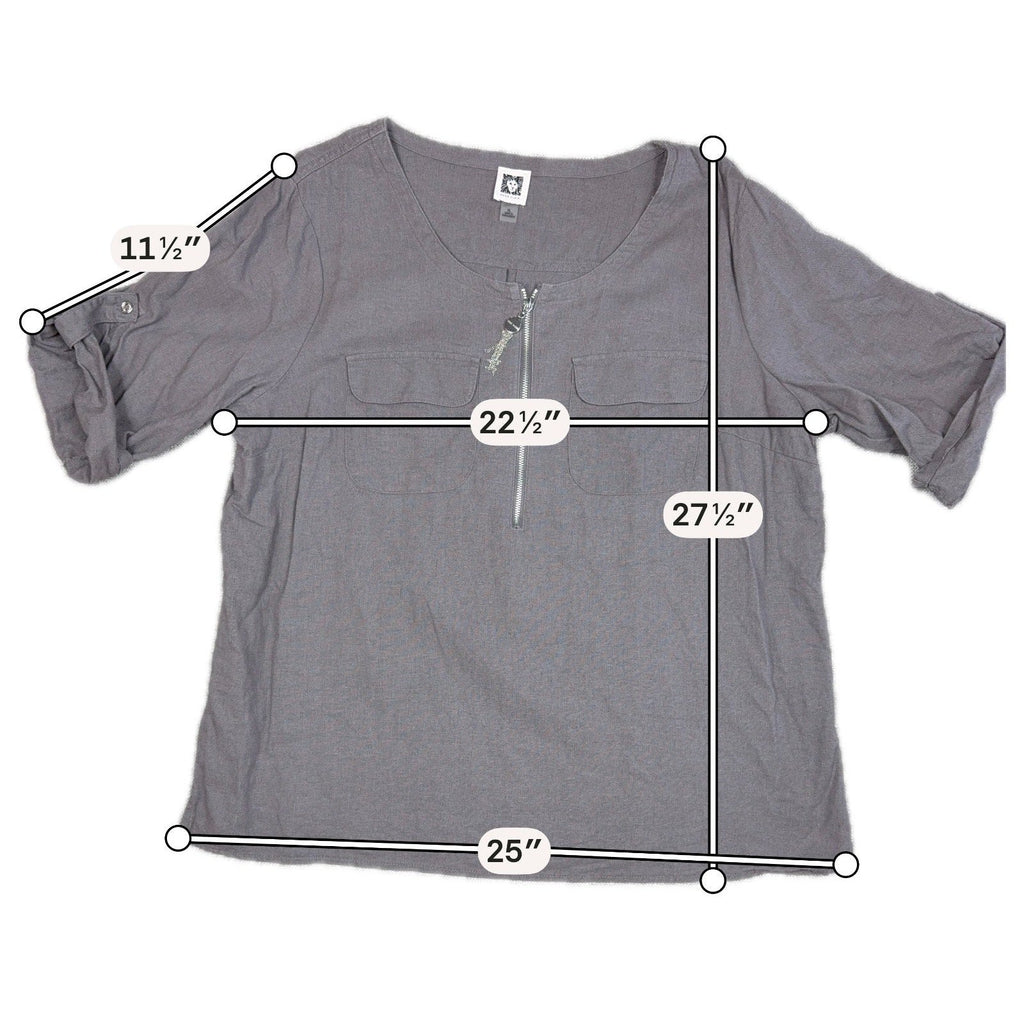 Second Half Supply Co, LLC Anne Klein gray linen blend utility tunic with half-zip front and roll-tab sleeves.