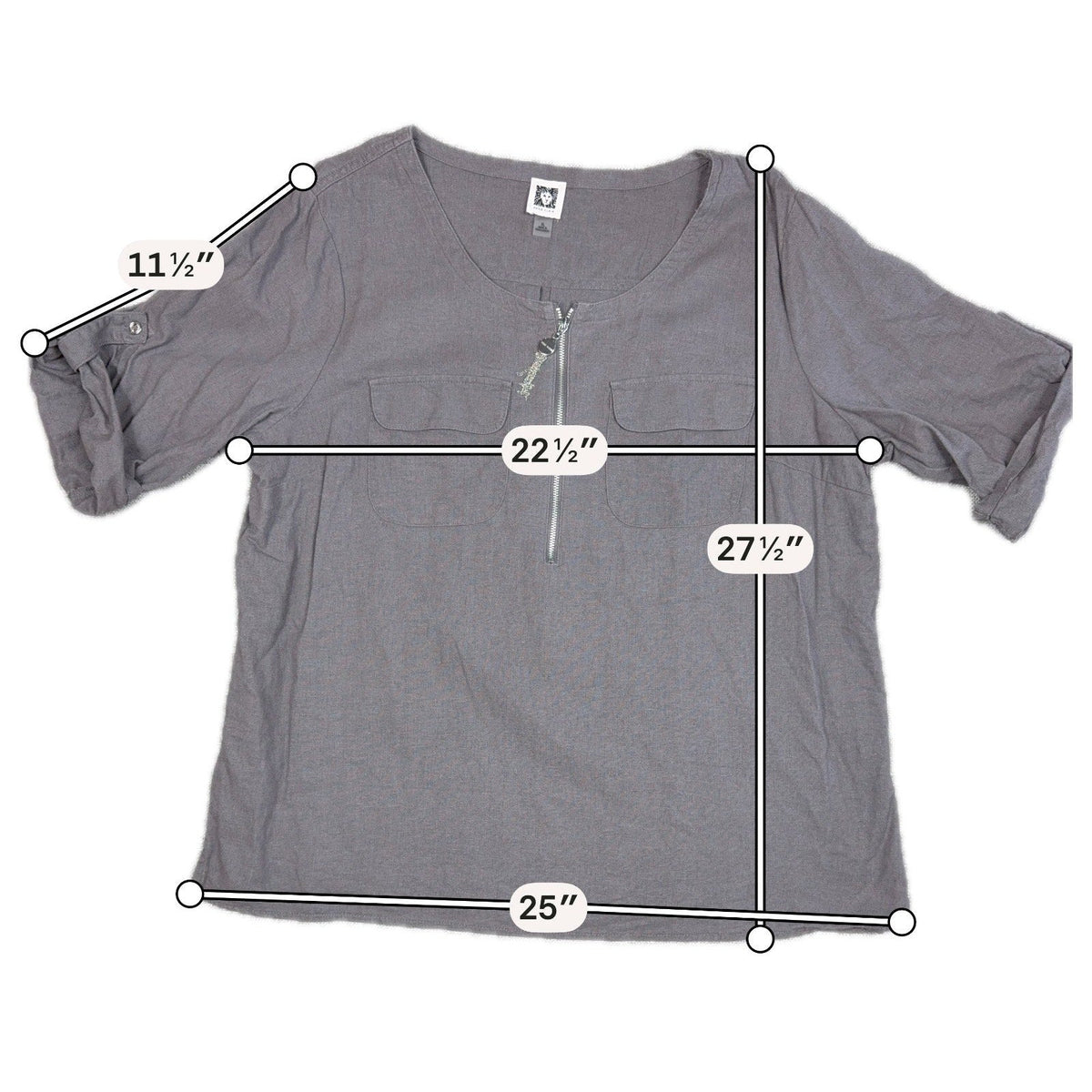 Second Half Supply Co, LLC Anne Klein gray linen blend utility tunic with half-zip front and roll-tab sleeves.