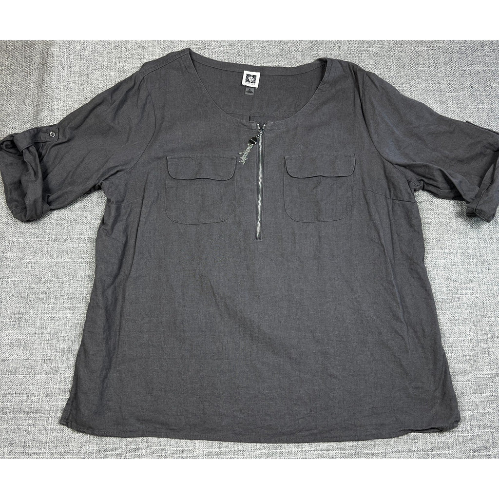 Second Half Supply Co, LLC Anne Klein dark gray linen blend utility tunic with half-zip front and chest pockets.