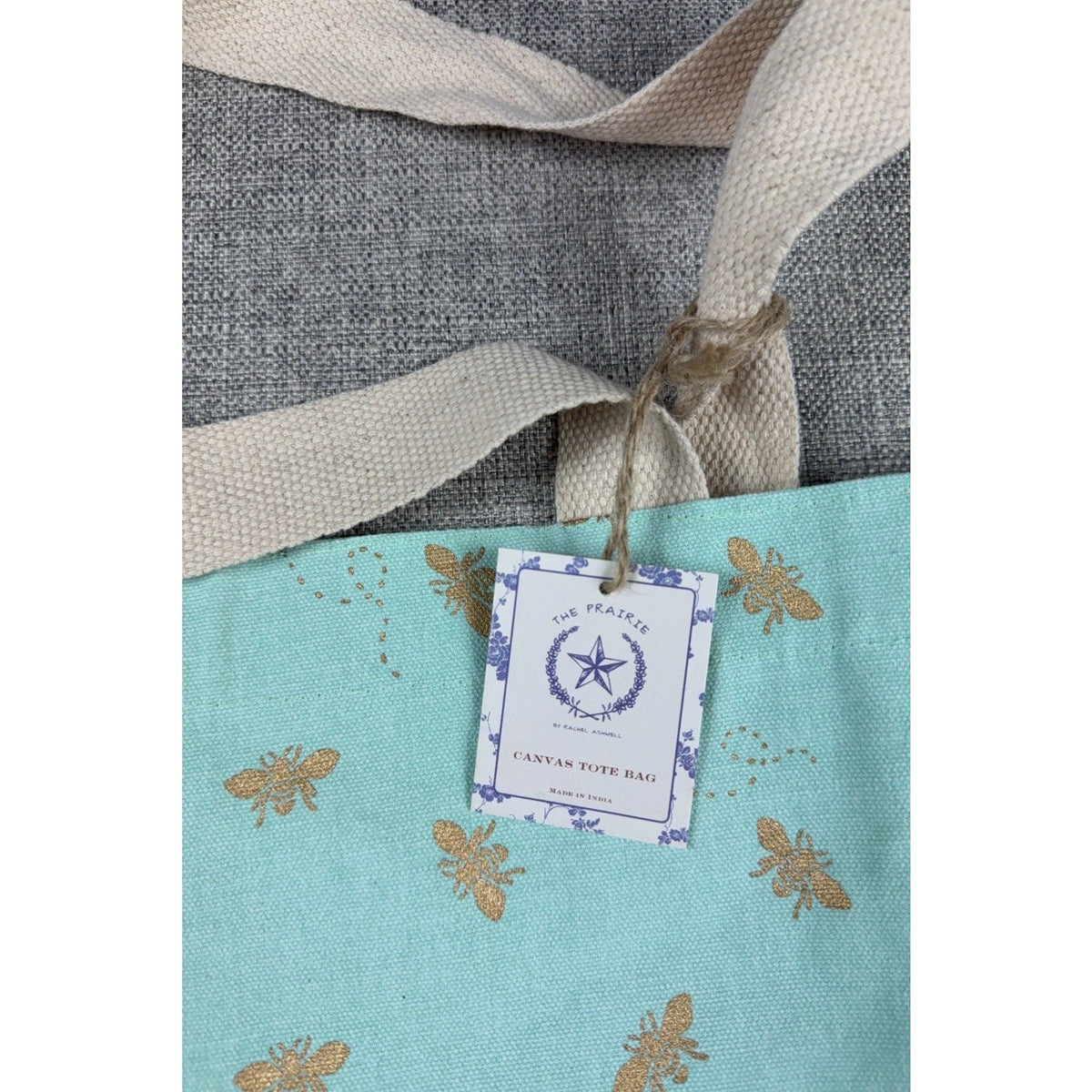 Second Half Supply Co, LLC aqua canvas tote bag with metallic gold bee print and natural cotton shoulder straps