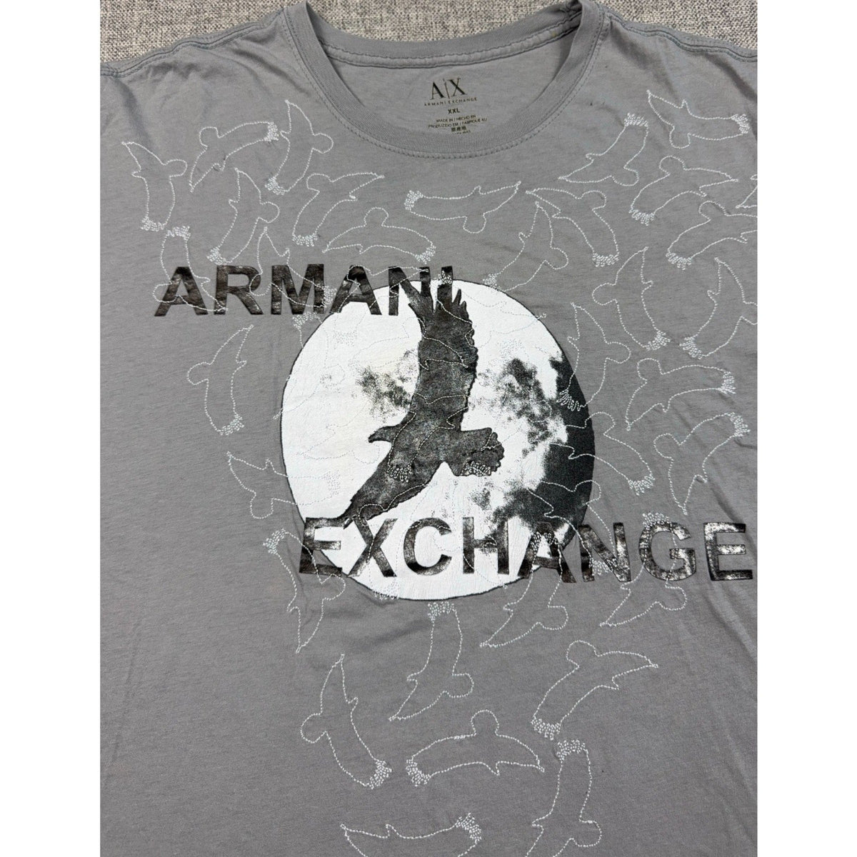 Second Half Supply Co, LLC gray Armani Exchange graphic t-shirt featuring a large eagle and flock of birds design.