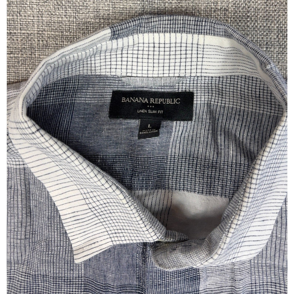 Second Half Supply Co, LLC Banana Republic men's gray and white plaid linen slim fit shirt with point collar