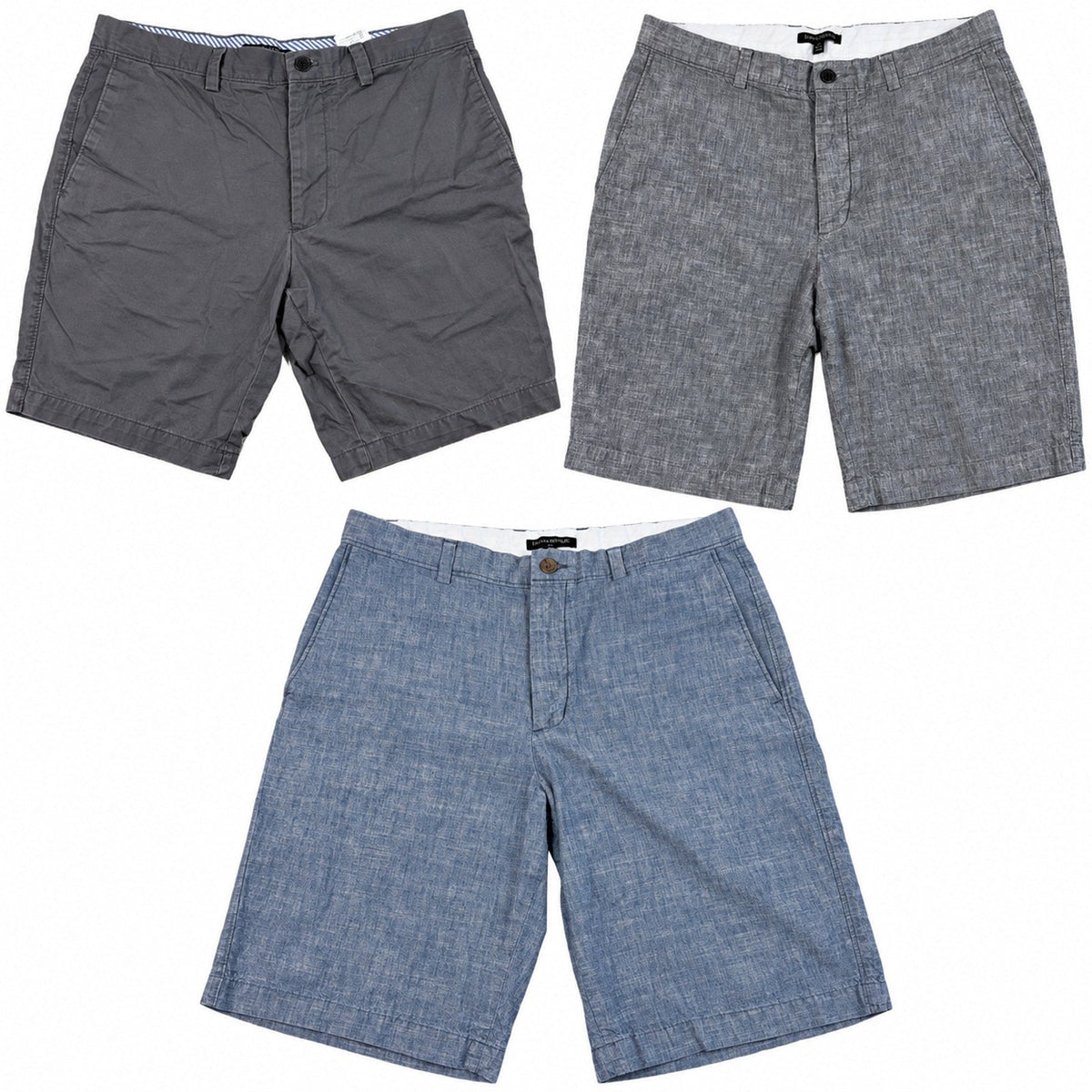 Second Half Supply Co, LLC bundle of three Banana Republic men's shorts in charcoal, gray linen, and textured blue.