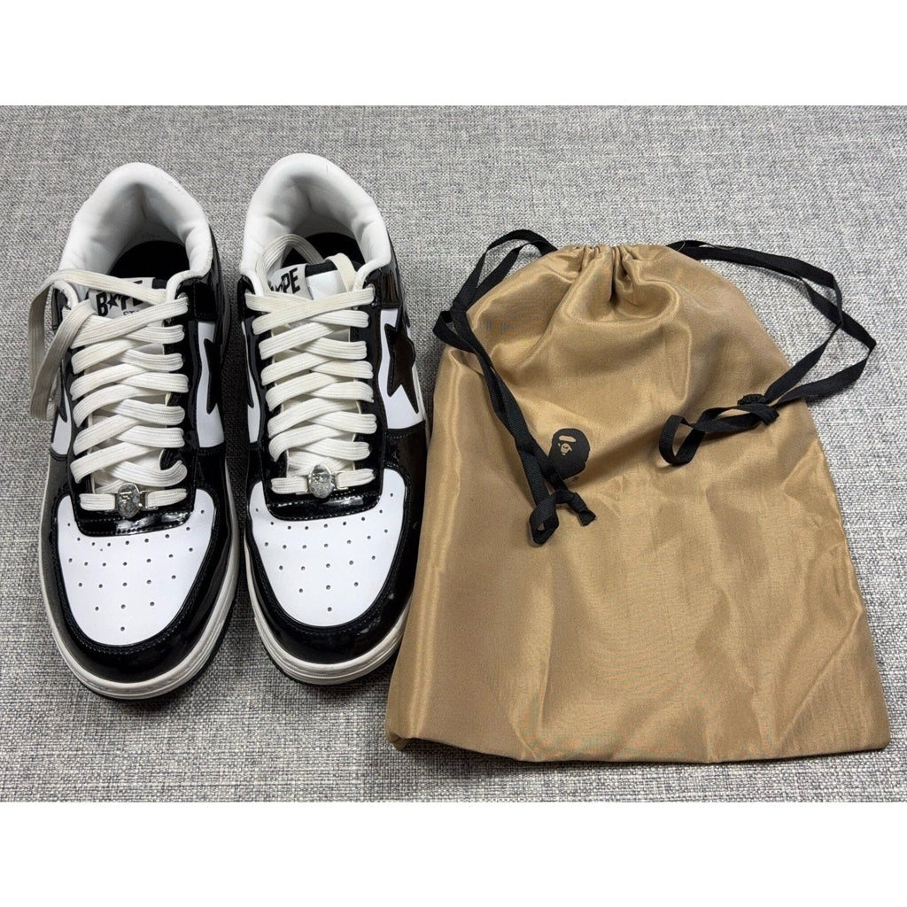 Second Half Supply Co, LLC BAPE STA low-top sneakers in black and white patent leather with dust bag