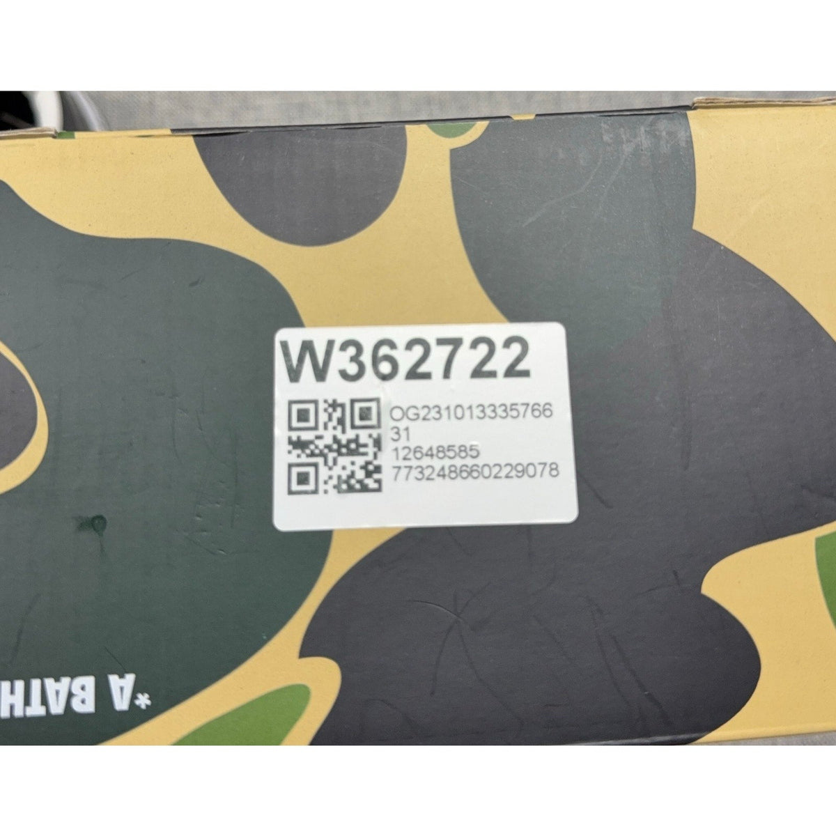Second Half Supply Co, LLC camouflage BAPE STA sneaker box with product identification label and QR code