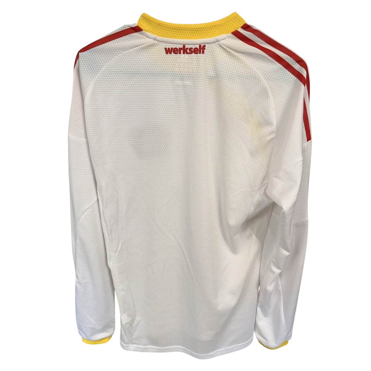 Second Half Supply Co, LLC vintage white Bayer Leverkusen long sleeve soccer jersey with red and yellow accents