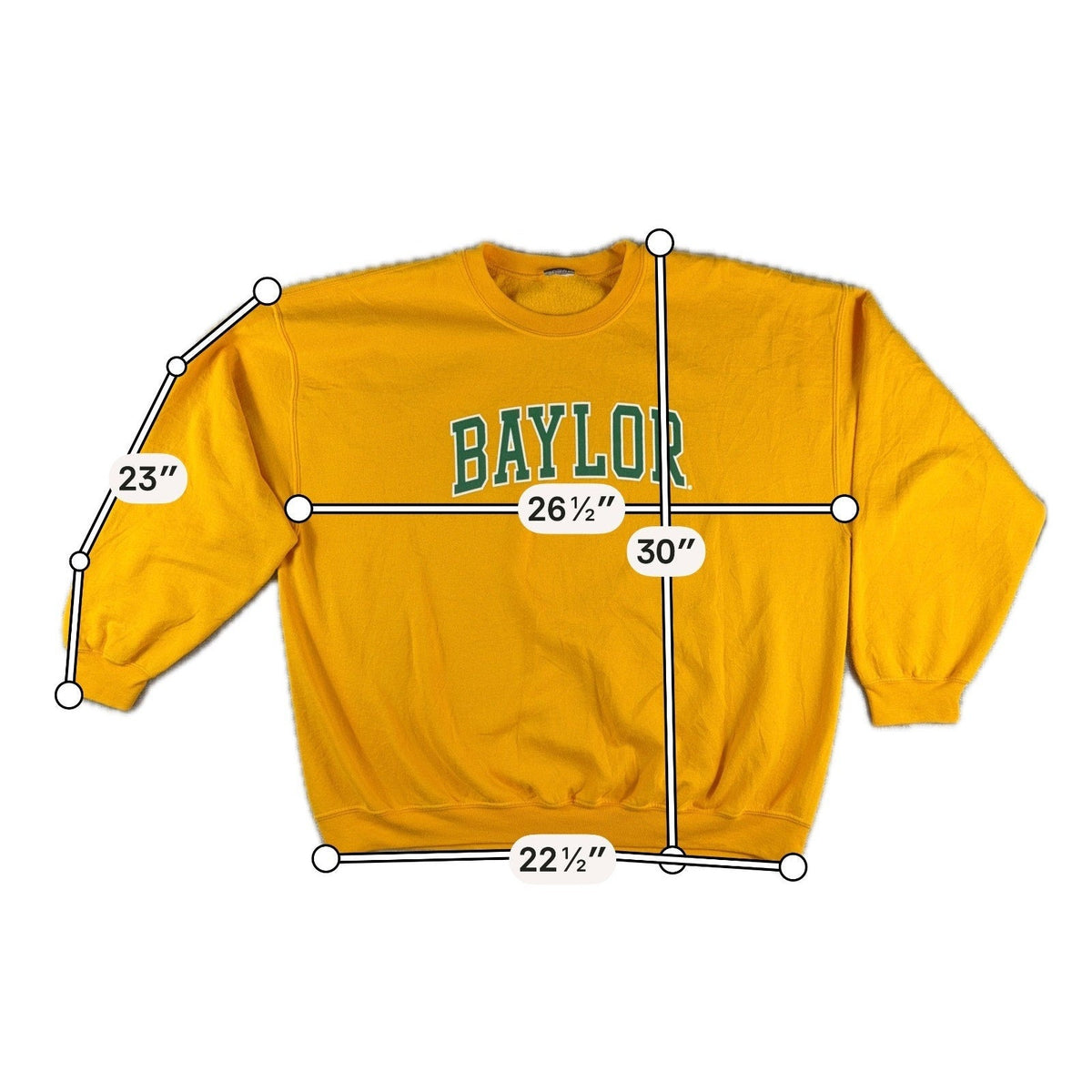 Second Half Supply Co, LLC vintage gold Baylor Bears crewneck sweatshirt with green varsity lettering and measurements.
