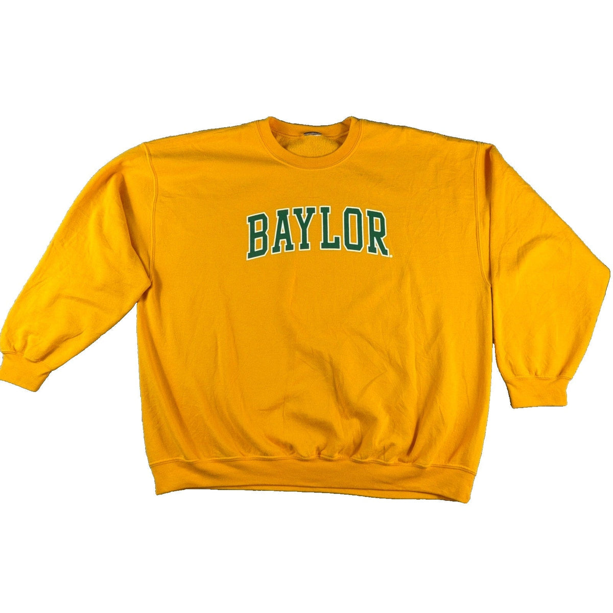Second Half Supply Co, LLC vintage gold Baylor University crewneck sweatshirt with green and white varsity lettering.