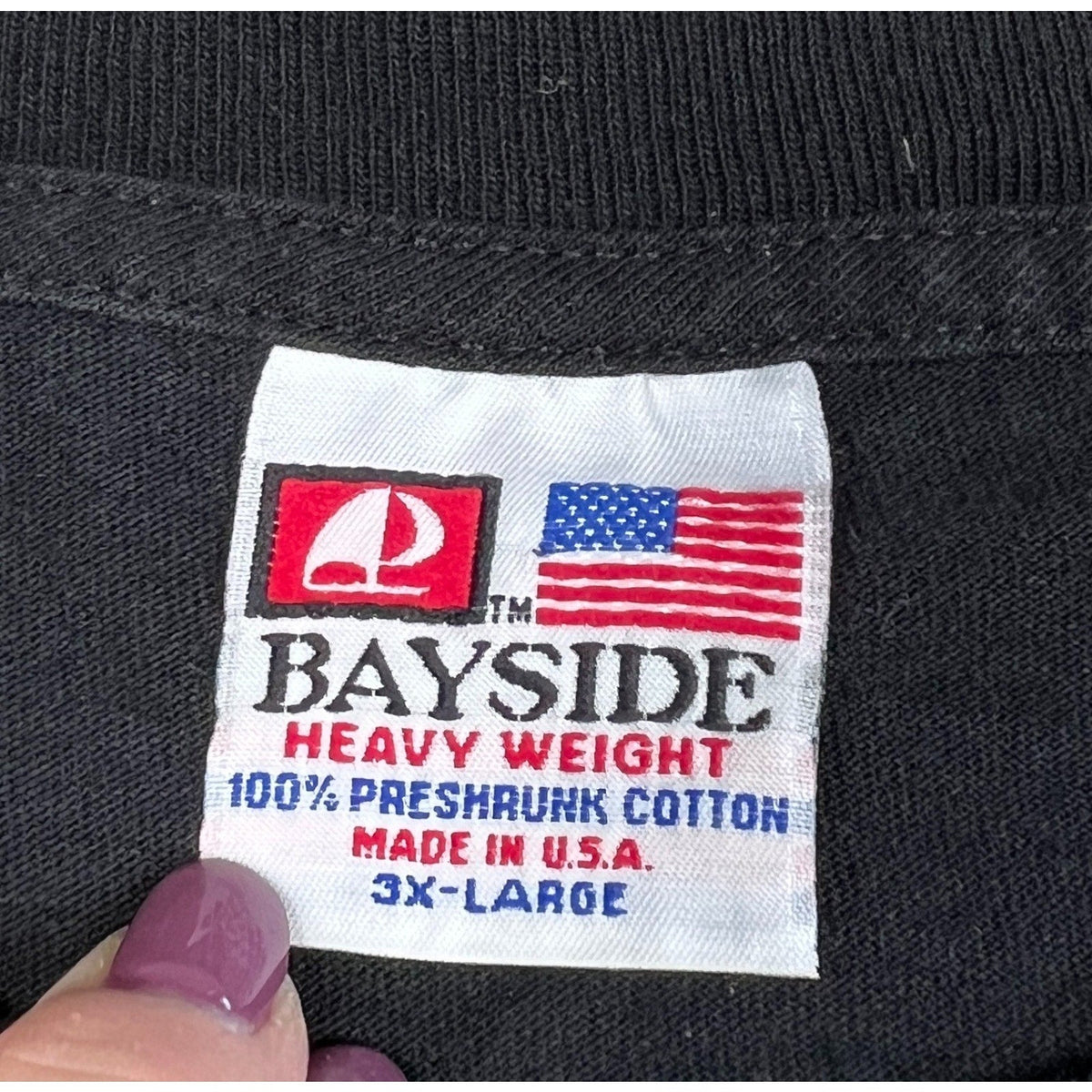 Second Half Supply Co, LLC Bayside heavyweight 100% cotton T-shirt label showing USA made 3XL sizing